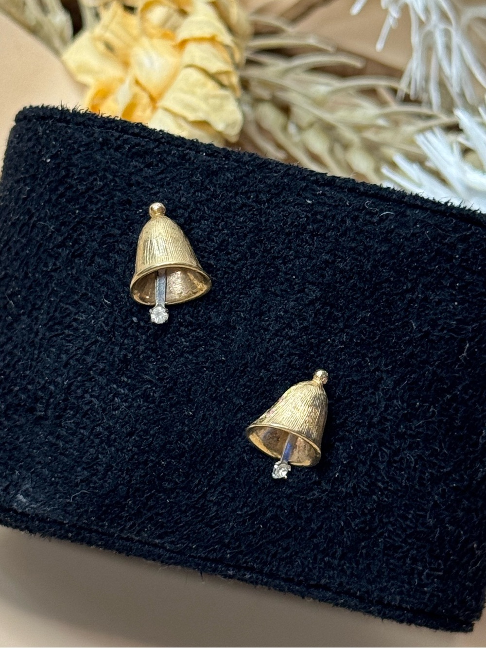 Vintage Gold Tone Bell Stud Earrings Clear Rhinestone Clapper Christmas